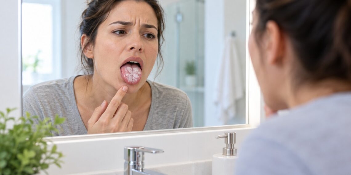 Placas brancas que saem ao limpar e deixam a boca avermelhada podem sugerir candidíase oral.