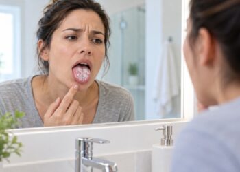 Placas brancas que saem ao limpar e deixam a boca avermelhada podem sugerir candidíase oral.