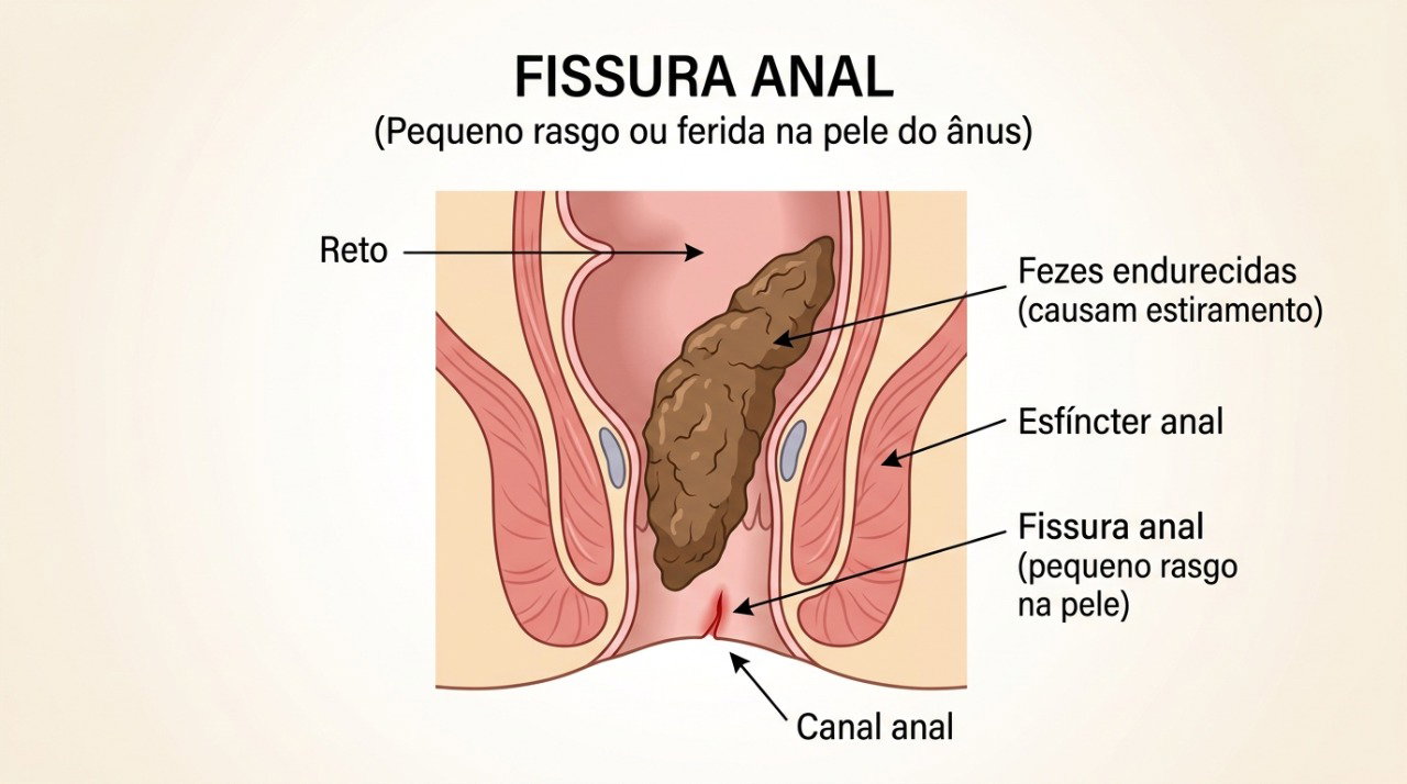 Fezes endurecidas podem provocar ou reabrir uma pequena fissura na pele do ânus.