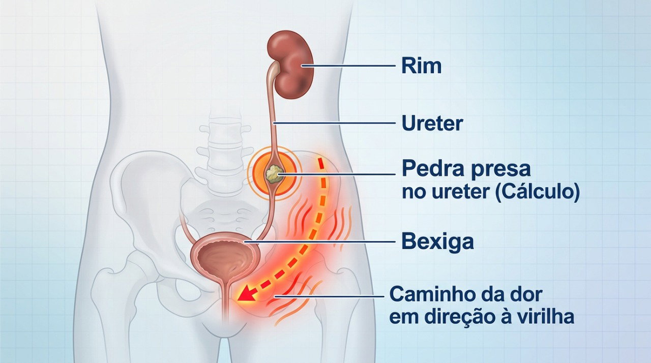 Um cálculo preso no ureter pode bloquear a passagem da urina e provocar dor intensa que irradia para a virilha.