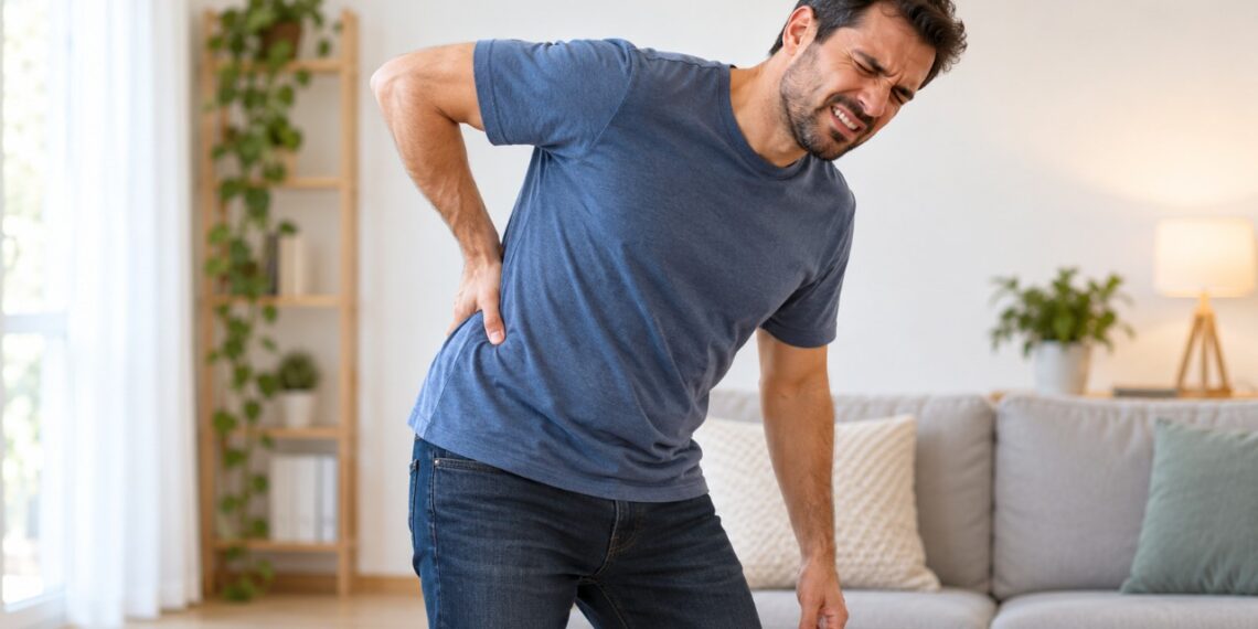 Dor forte na lateral das costas que desce para a virilha pode ocorrer em uma crise de pedra nos rins.