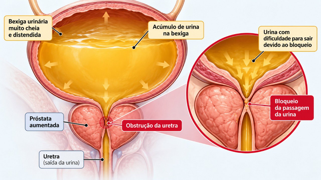 Na retenção urinária, a bexiga pode continuar enchendo mesmo quando a urina não consegue sair adequadamente.
