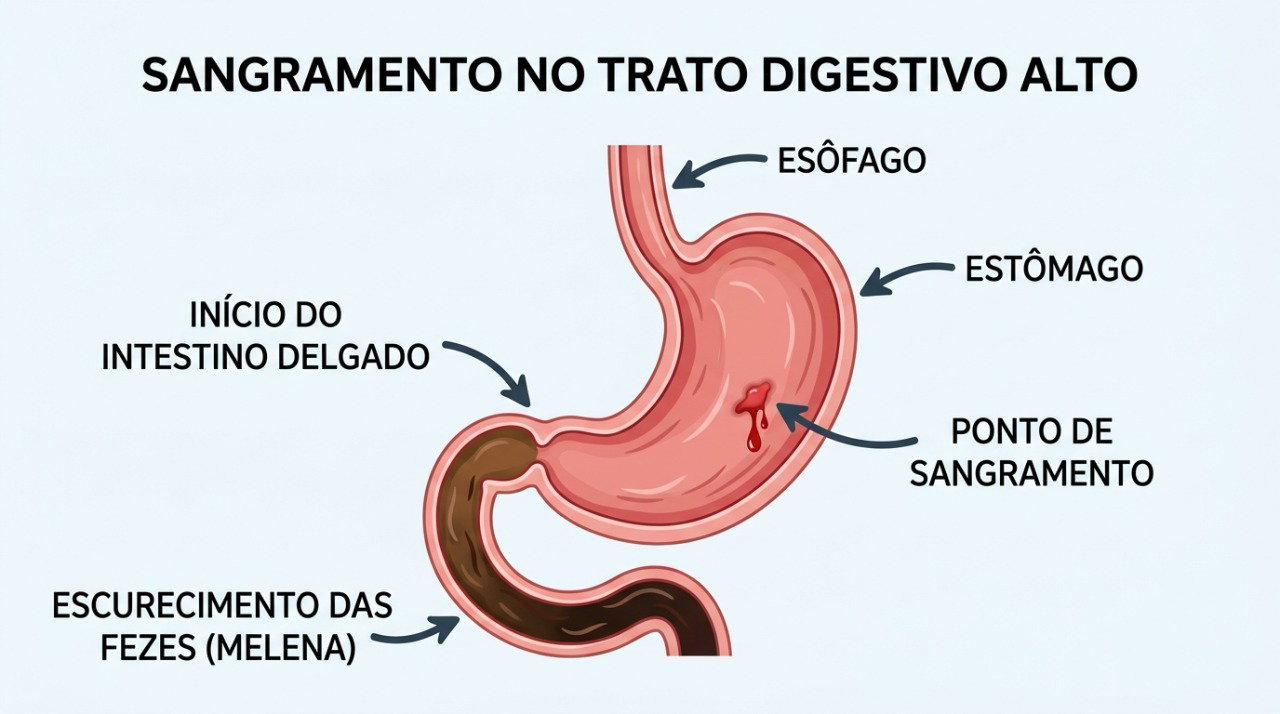 Sangramentos na parte alta do aparelho digestivo podem deixar as fezes negras e pegajosas.