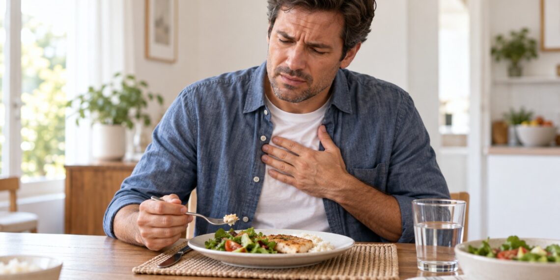 Sensação de comida parada no peito depois de engolir pode indicar dificuldade de deglutição.