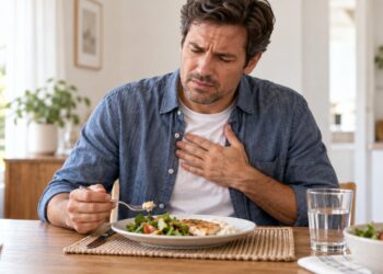 Sensação de comida parada no peito depois de engolir pode indicar dificuldade de deglutição.