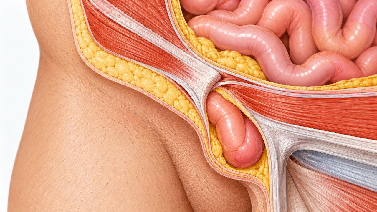 Na hérnia inguinal, tecidos podem atravessar um ponto enfraquecido da parede abdominal e formar um abaulamento.