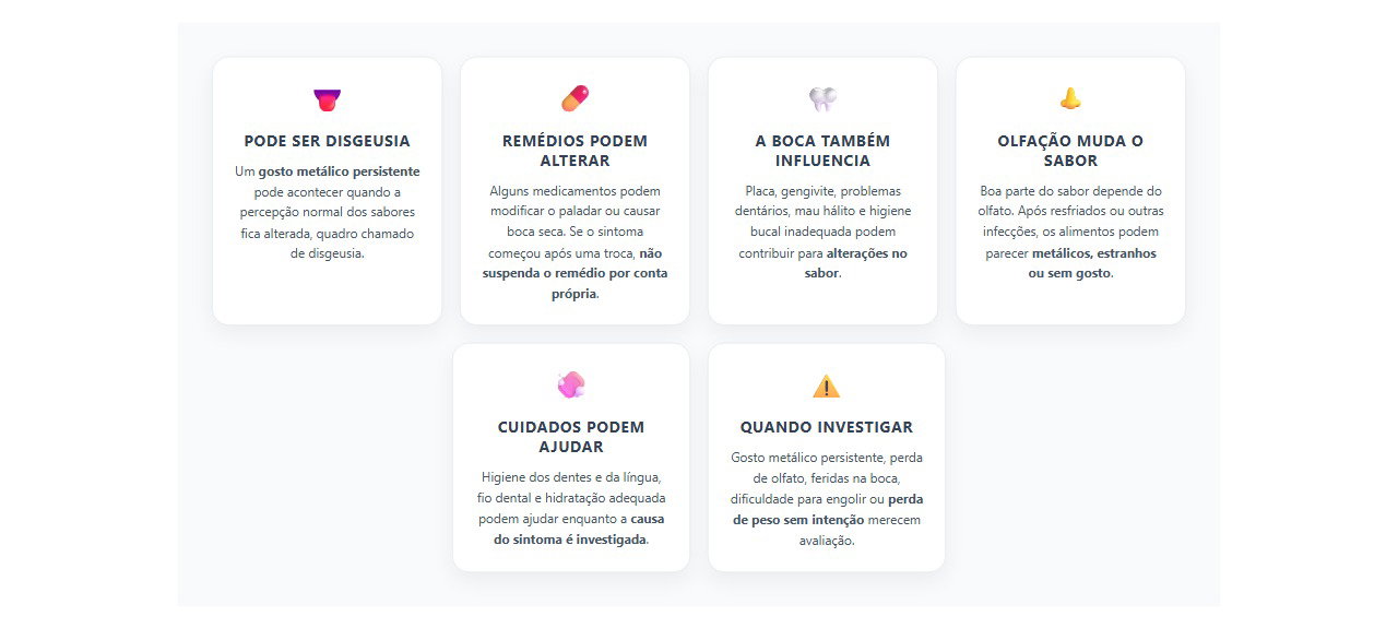 Gosto metálico persistente: causas comuns e quando investigar