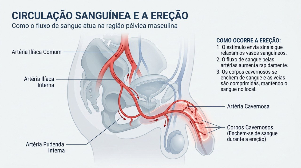 A ereção depende de boa circulação, nervos e hormônios funcionando adequadamente.