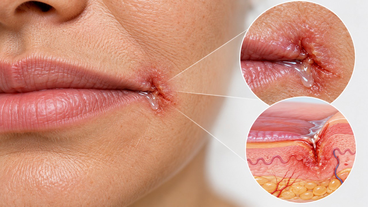 O acúmulo de saliva nos cantos da boca pode irritar a pele e favorecer fissuras recorrentes.