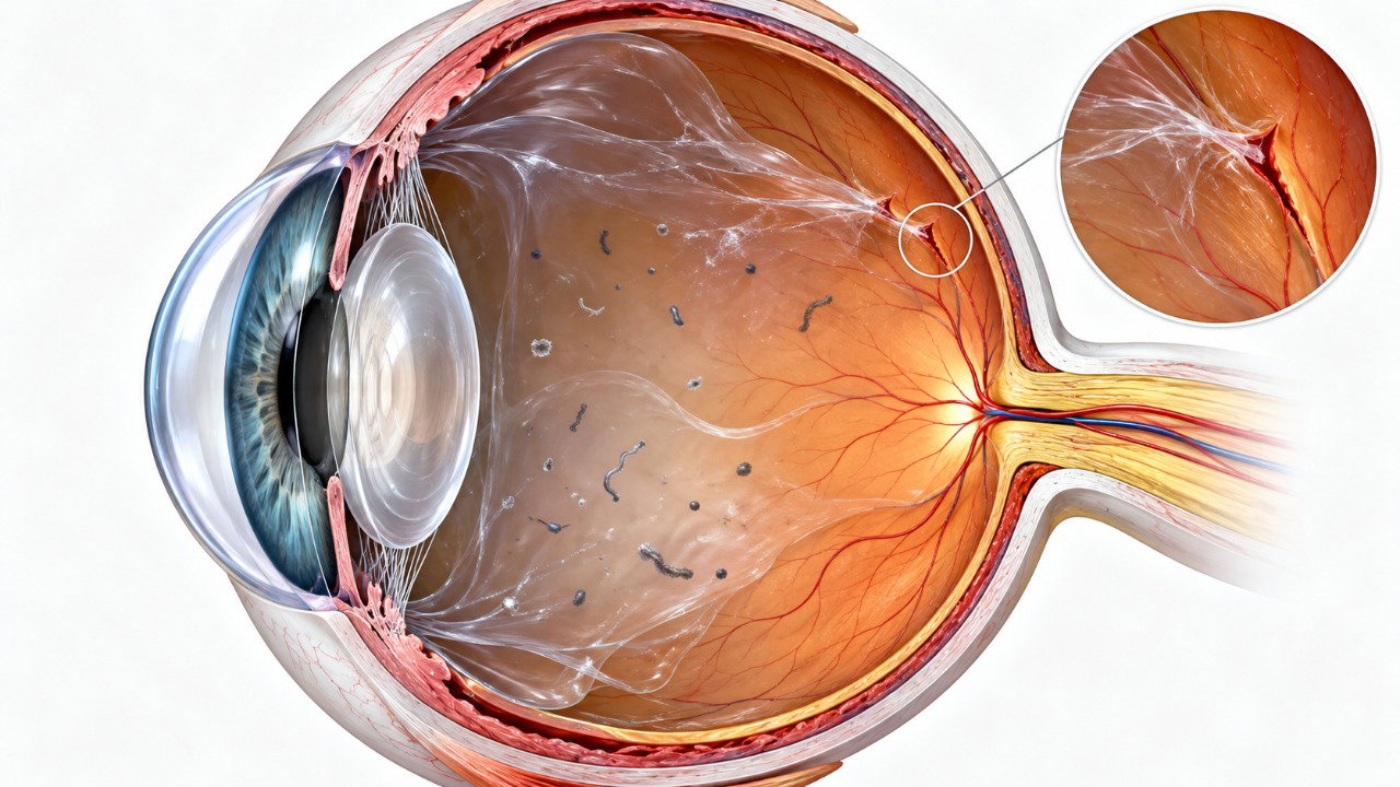 Alterações no vítreo podem tracionar a retina e, em alguns casos, provocar rasgos ou descolamento.