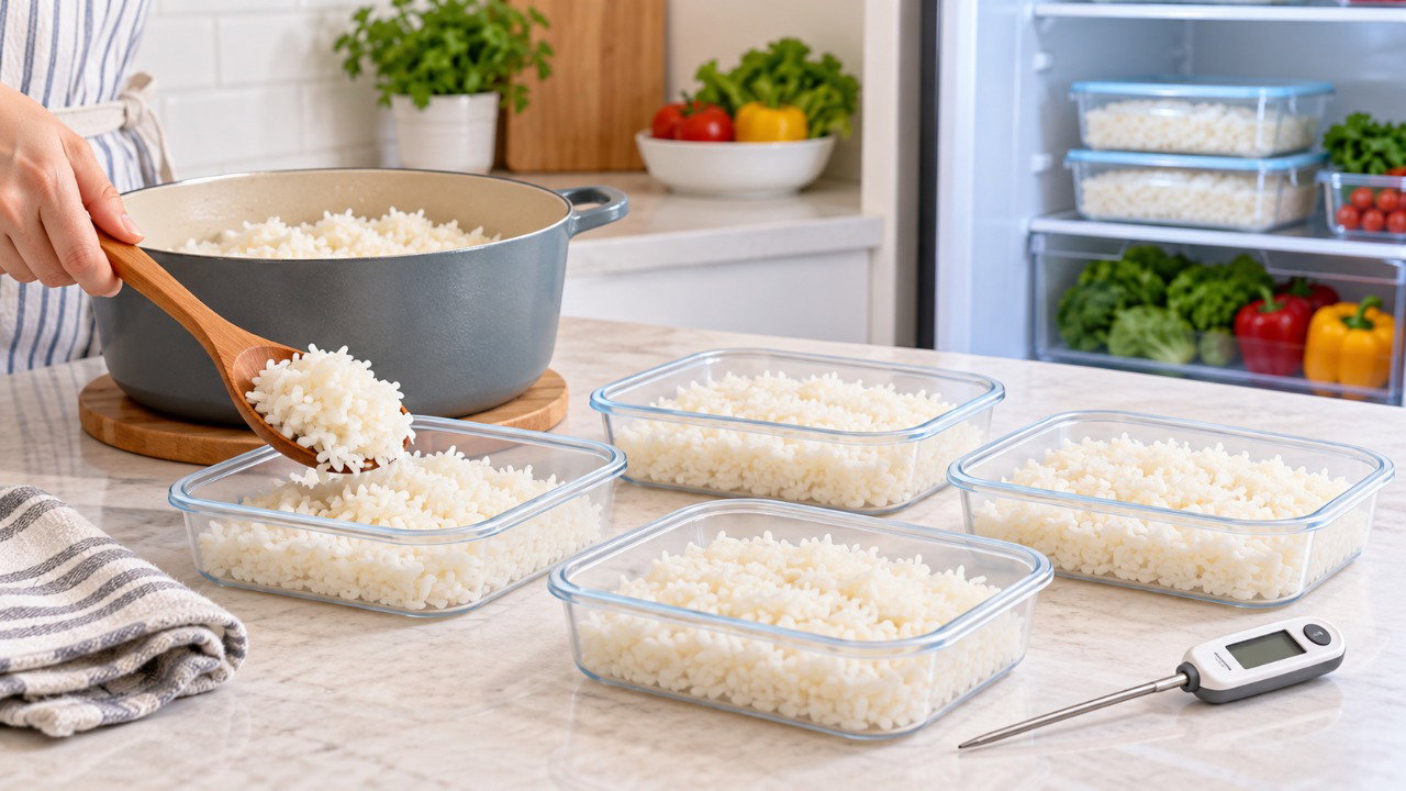 Refrigerar o arroz rapidamente e armazená-lo corretamente ajuda a reduzir o risco de intoxicação alimentar.