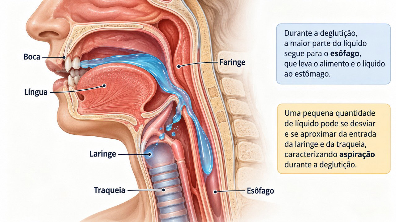 Na disfagia, líquidos podem seguir em direção às vias respiratórias e provocar tosse ou engasgo.