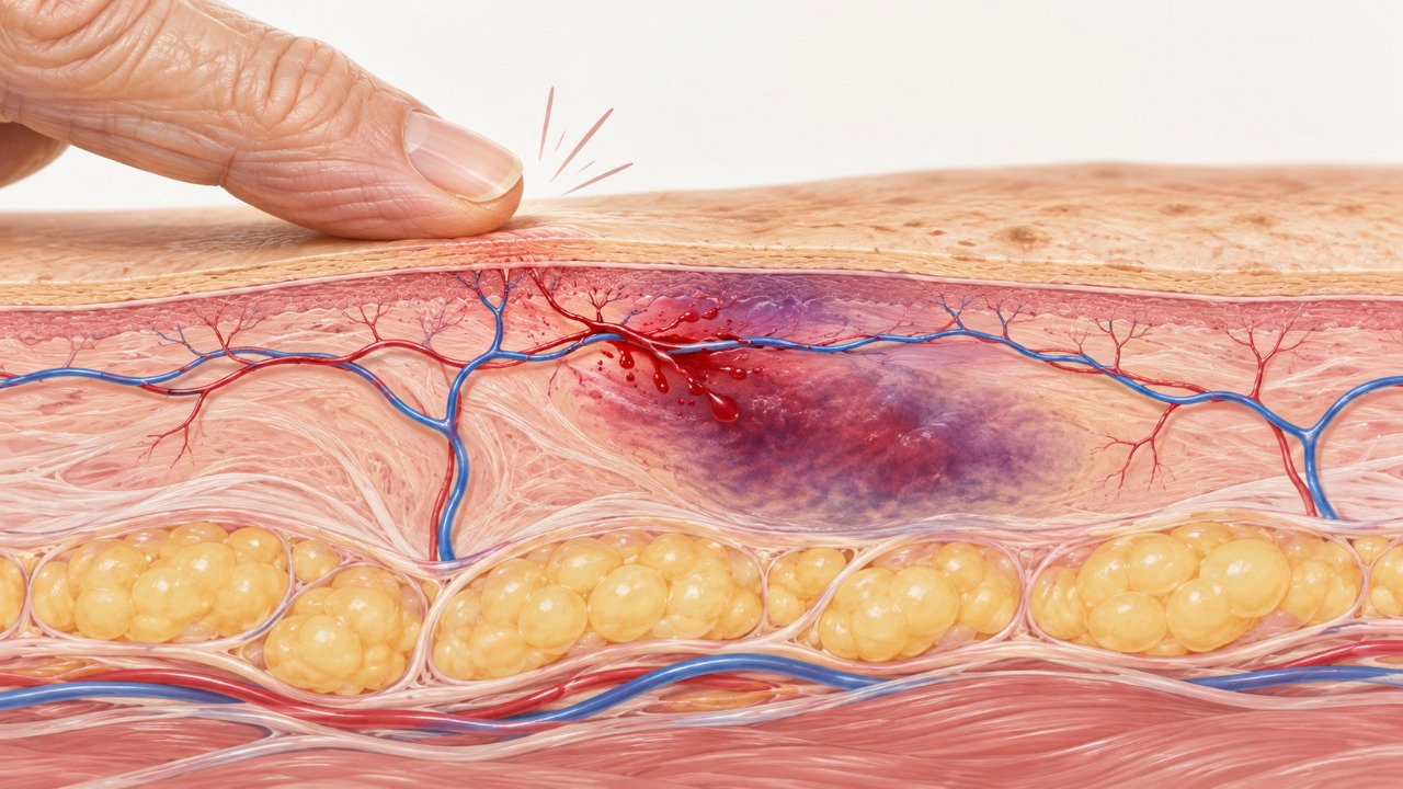 Com menos proteção da pele, pequenos vasos podem se romper mais facilmente e formar hematomas.