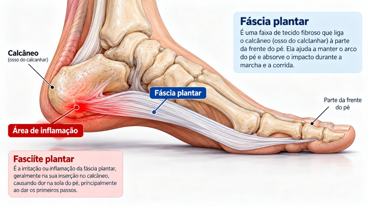 A sobrecarga da fáscia plantar pode causar dor principalmente na região inferior do calcanhar.