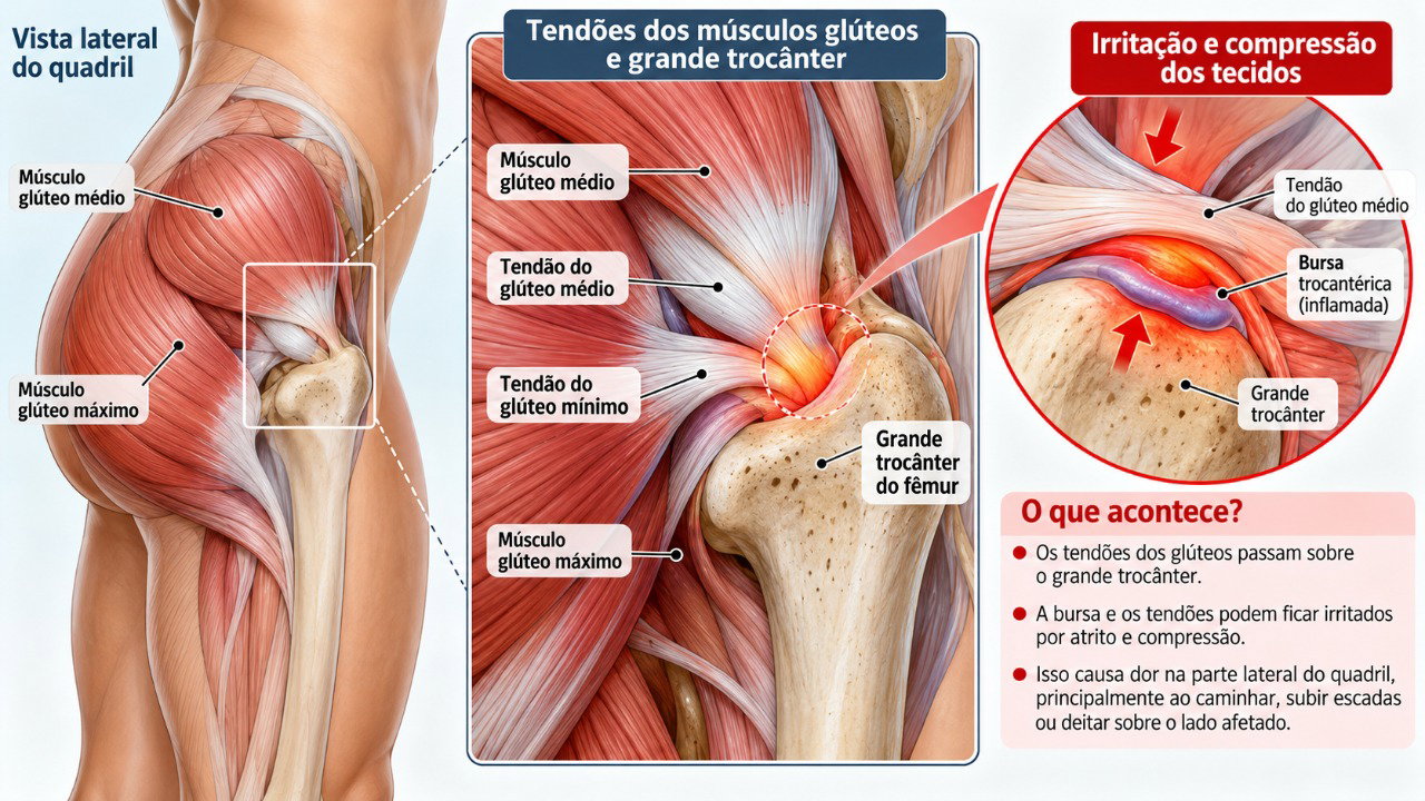 A irritação dos tendões glúteos e tecidos próximos pode causar dor na parte externa do quadril.