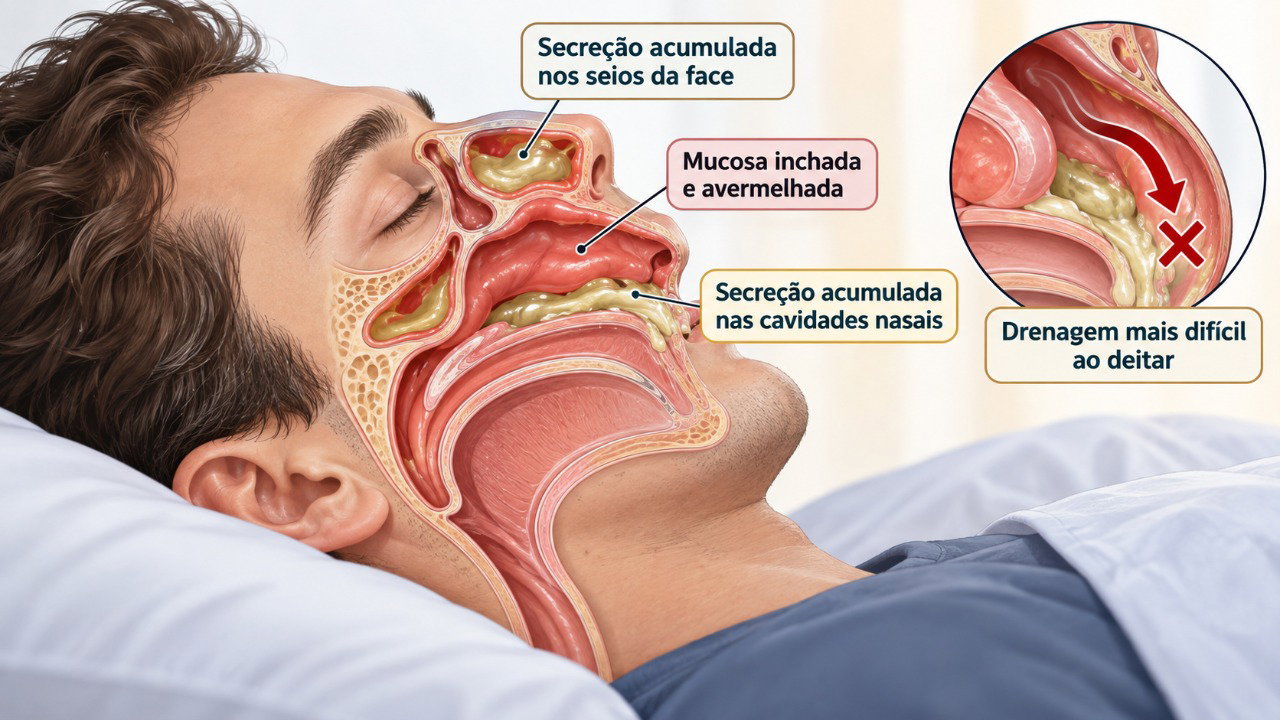 A posição deitada pode dificultar a drenagem das secreções e aumentar a sensação de congestão nasal.