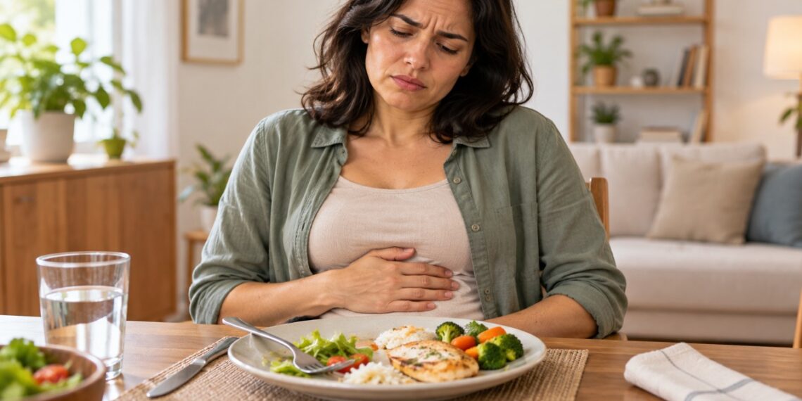 A saciedade precoce faz a pessoa se sentir cheia mesmo depois de comer uma pequena quantidade.