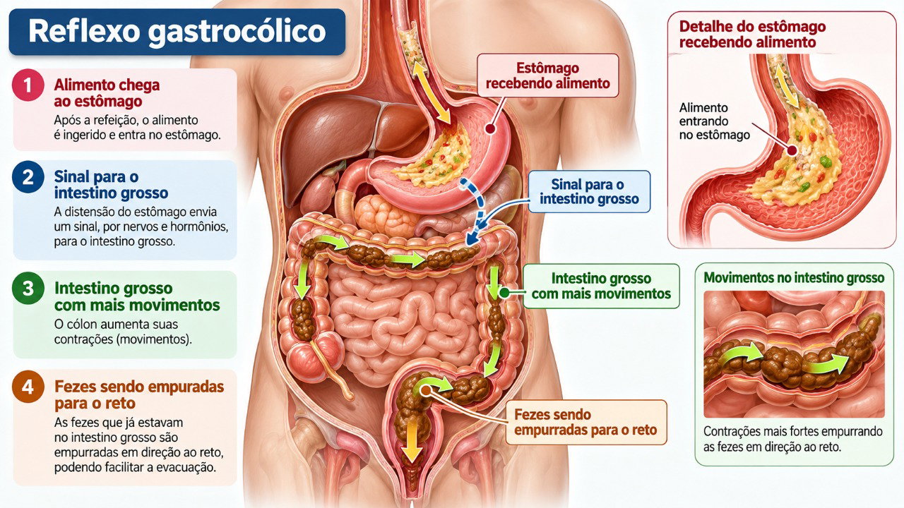 O reflexo gastrocólico faz o intestino grosso se movimentar quando o estômago recebe alimento.