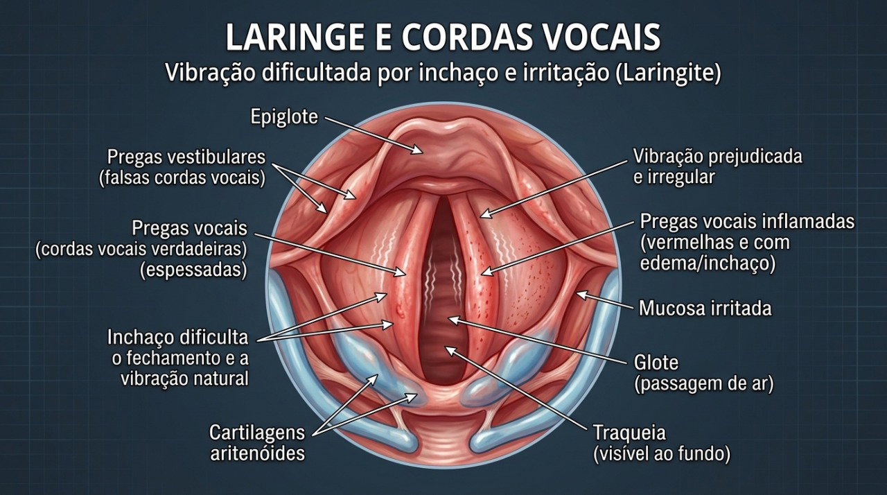 Inflamação ou alterações nas pregas vocais podem deixar a voz áspera, fraca ou rouca.