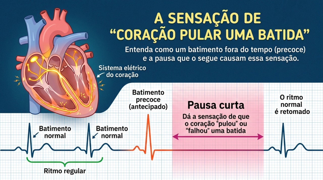 Uma batida antecipada seguida de pausa pode causar a sensação de falha ou salto no ritmo do coração.