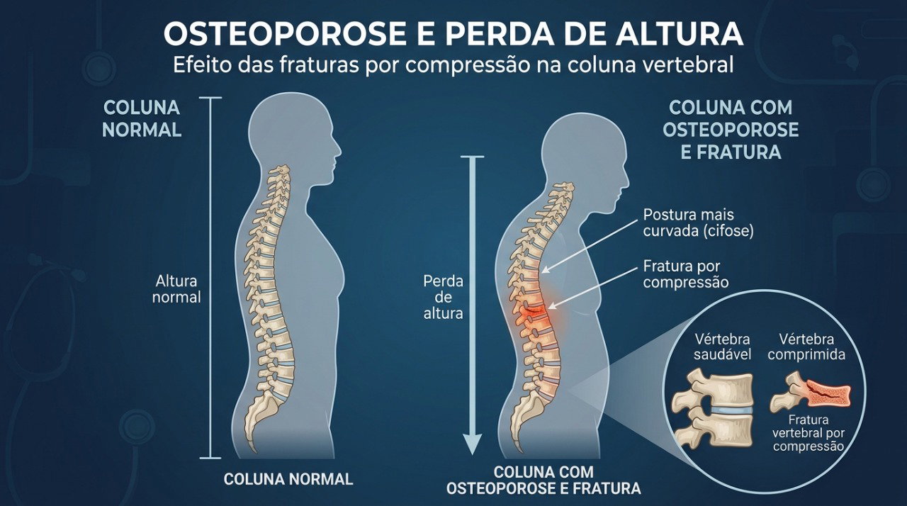 Fraturas por compressão nas vértebras podem reduzir a altura e deixar a coluna mais curvada.