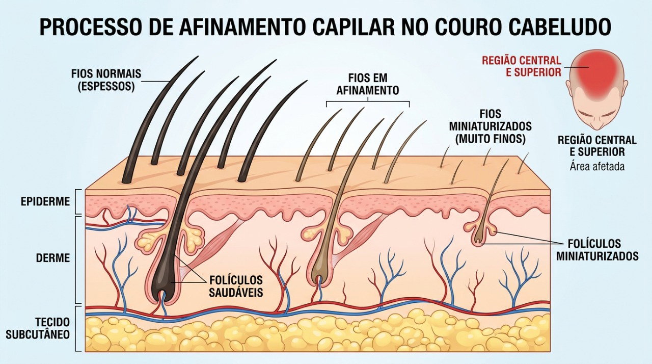 Na alopecia de padrão feminino, alguns folículos podem produzir fios cada vez mais finos.