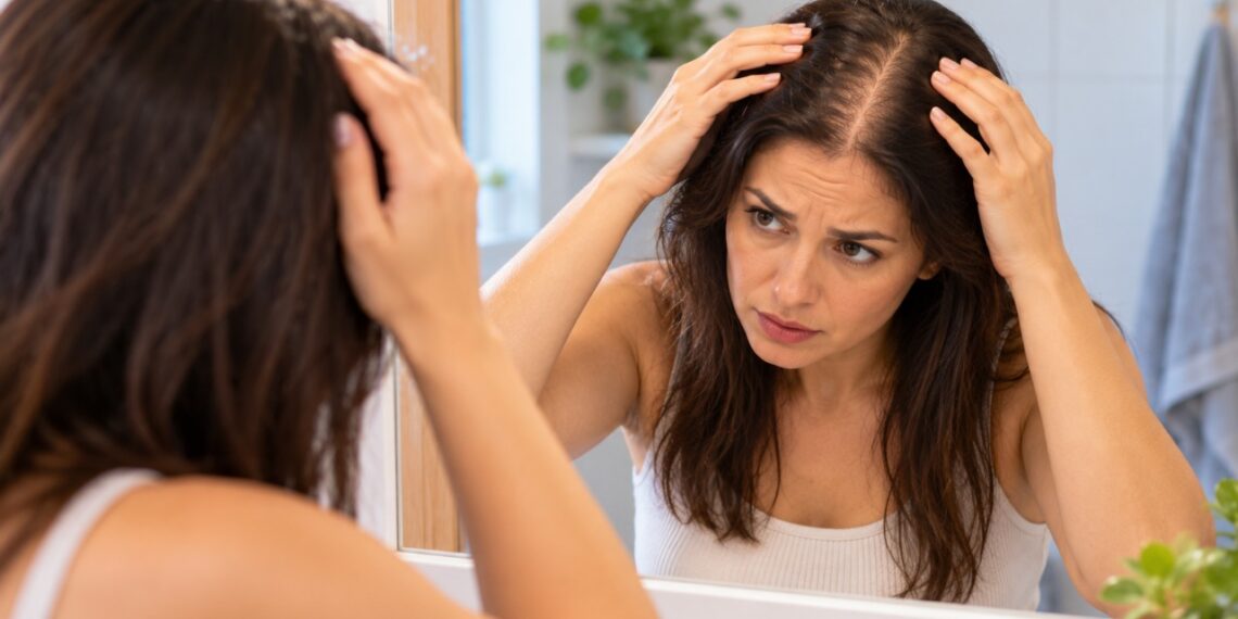 Risca mais larga e redução do volume do cabelo podem indicar afinamento progressivo dos fios.