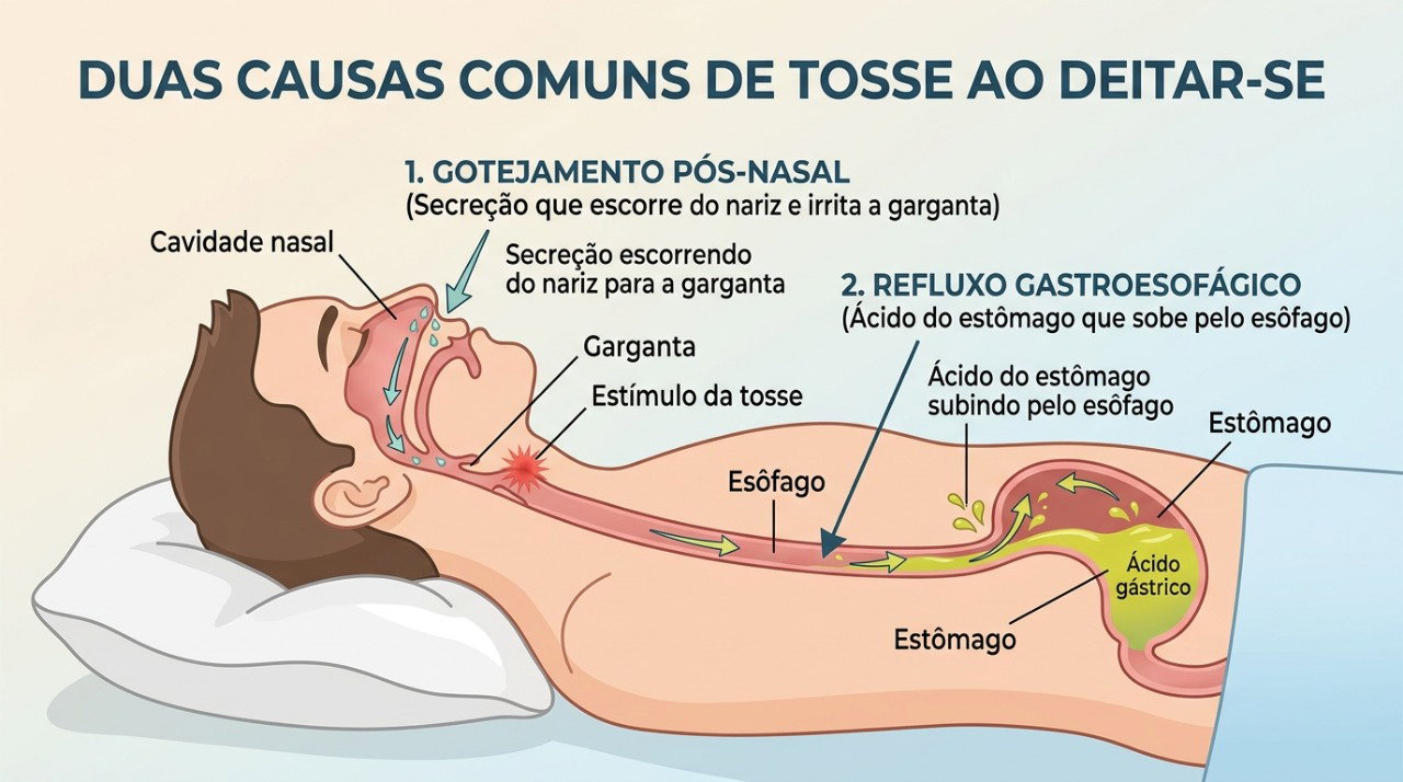 Gotejamento pós-nasal e refluxo podem irritar a garganta e desencadear tosse durante a noite.