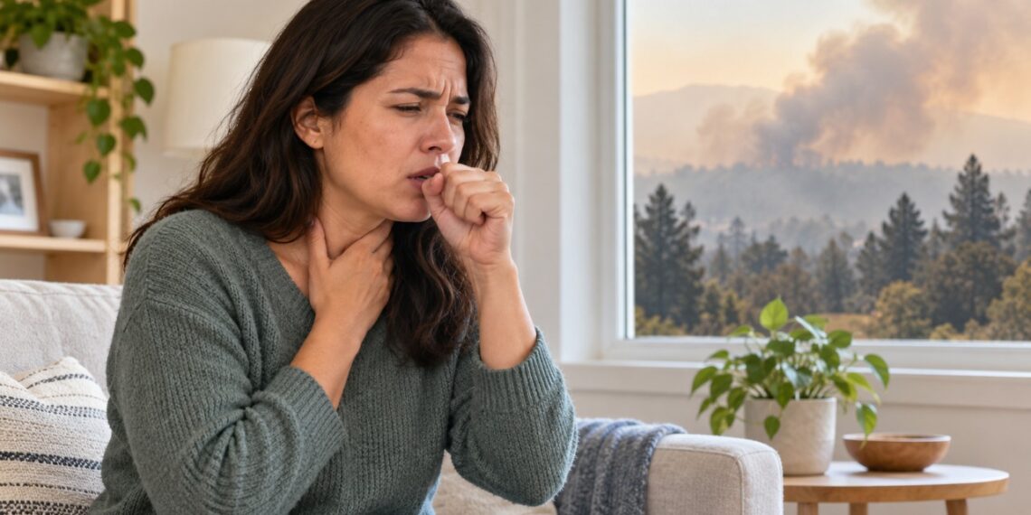 Fumaça de queimadas pode irritar a garganta e provocar tosse seca e desconforto respiratório.