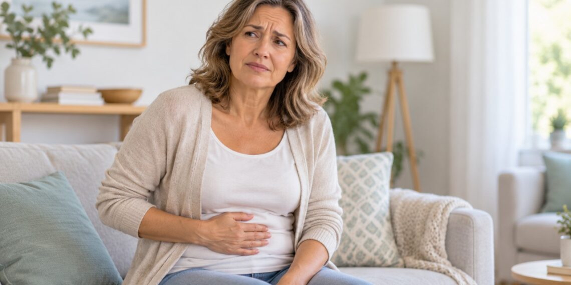 Barriga estufada e gases podem se tornar mais frequentes durante a transição para a menopausa.