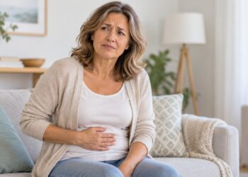 Barriga estufada e gases podem se tornar mais frequentes durante a transição para a menopausa.