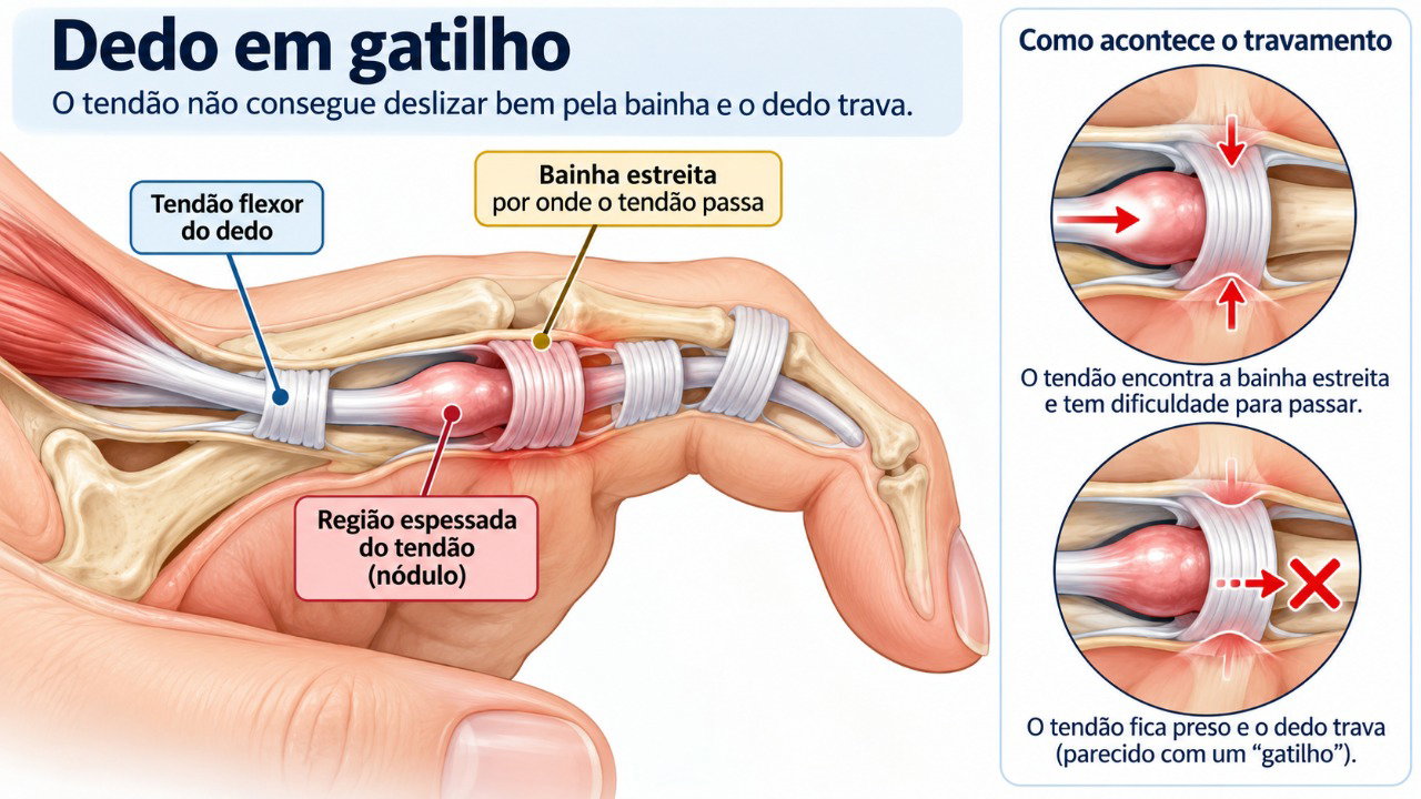 No dedo em gatilho, o tendão encontra dificuldade para deslizar e pode provocar estalos e travamento.