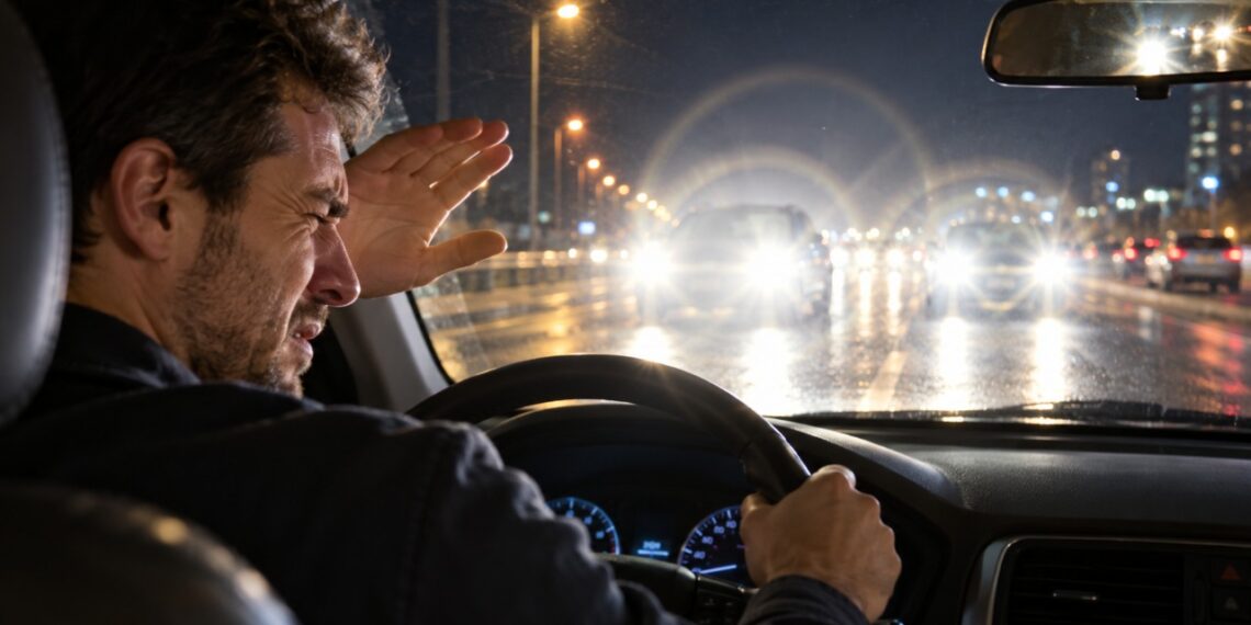 Faróis muito brilhantes e halos à noite podem indicar uma mudança na visão que merece avaliação.