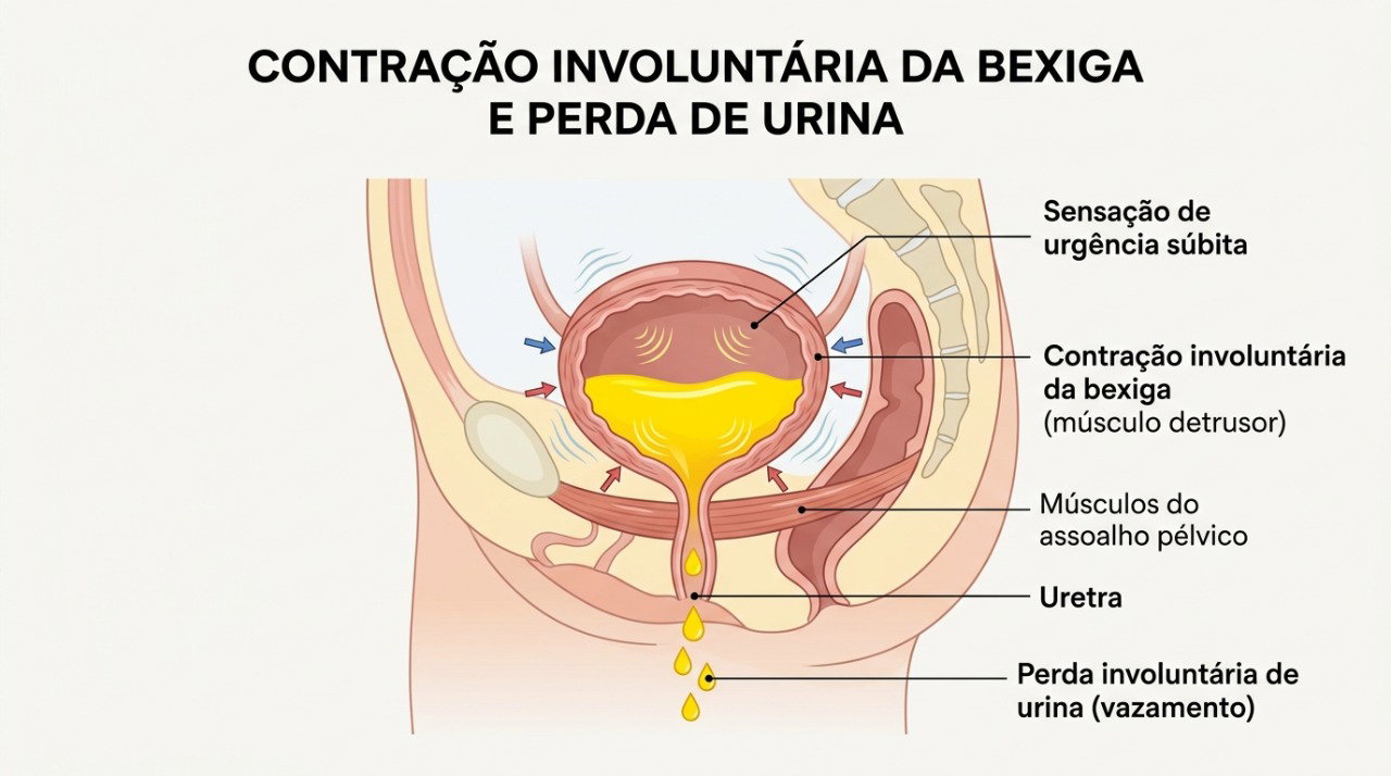 Alterações no controle da bexiga podem provocar urgência intensa e perda involuntária de urina.
