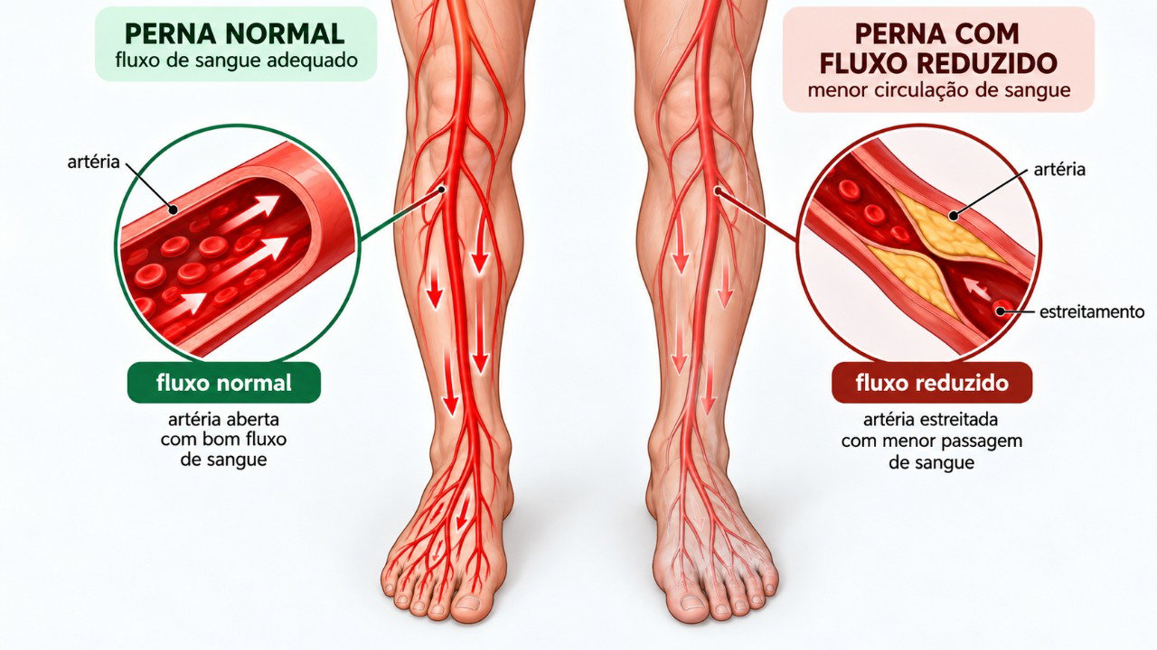 A redução do fluxo arterial pode deixar um pé mais frio e provocar alterações de cor, dor e dificuldade de cicatrização.