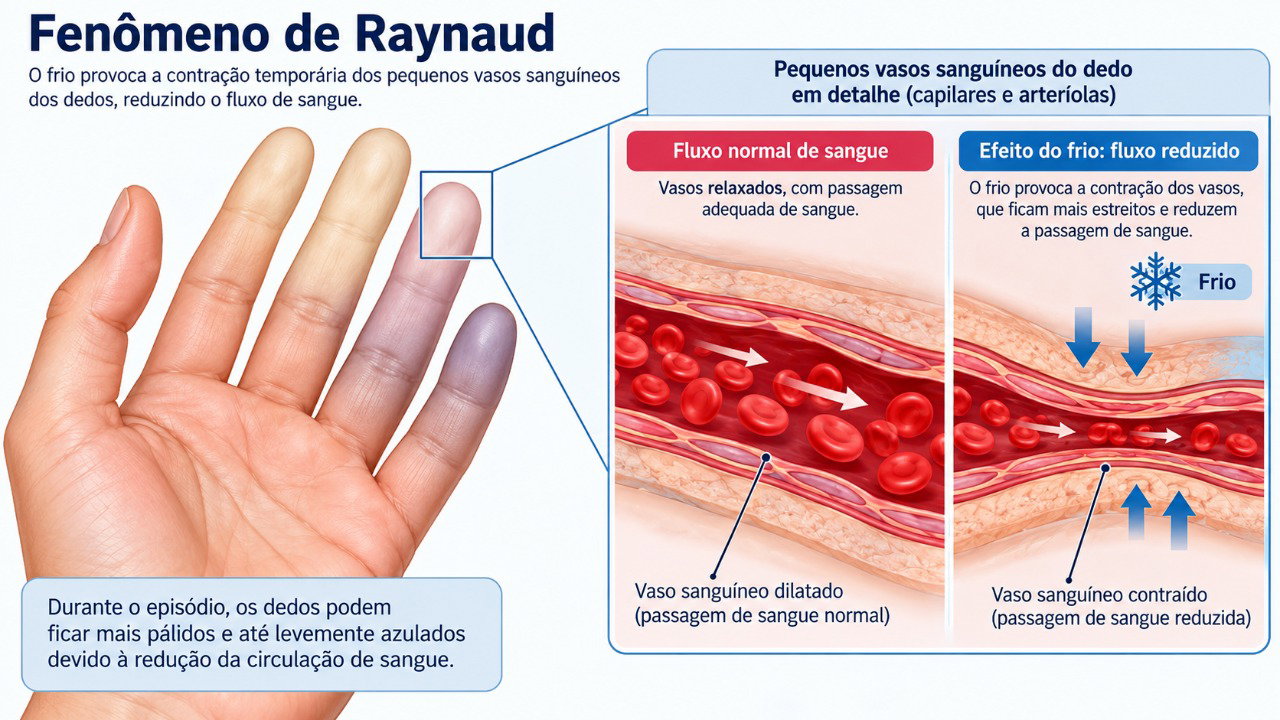No fenômeno de Raynaud, os vasos dos dedos se contraem demais e podem deixá-los brancos, azulados e dormentes.