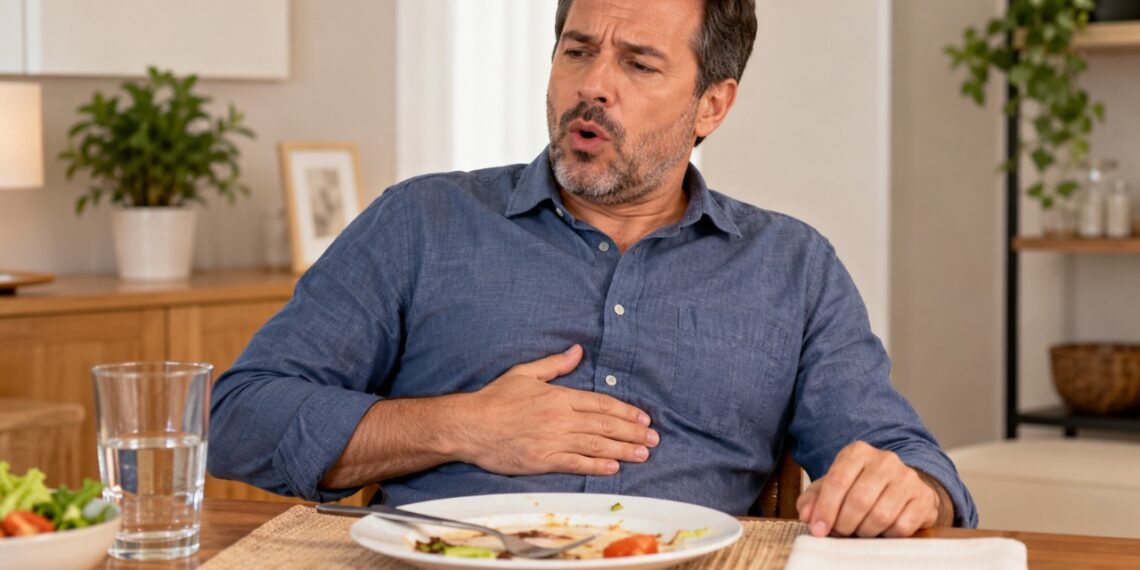 Arrotos frequentes após comer podem estar ligados ao excesso de ar engolido ou à indigestão.