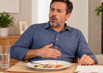 Arrotos frequentes após comer podem estar ligados ao excesso de ar engolido ou à indigestão.