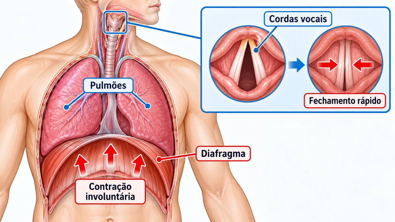 O soluço acontece por uma contração involuntária do diafragma seguida pelo fechamento rápido das cordas vocais.