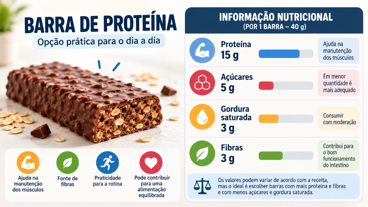 Comparar proteína, açúcares, gorduras e fibras ajuda a escolher melhor uma barra de proteína.