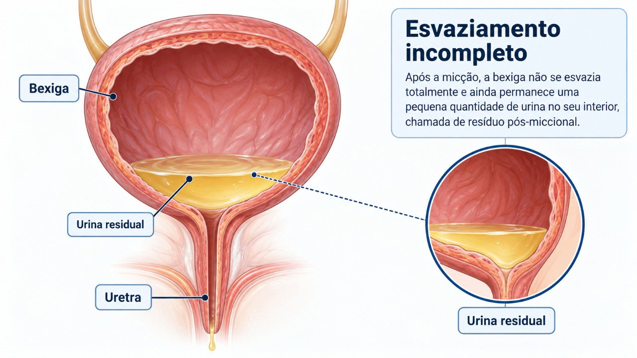 O resíduo pós-miccional é a quantidade de urina que permanece na bexiga depois de urinar.
