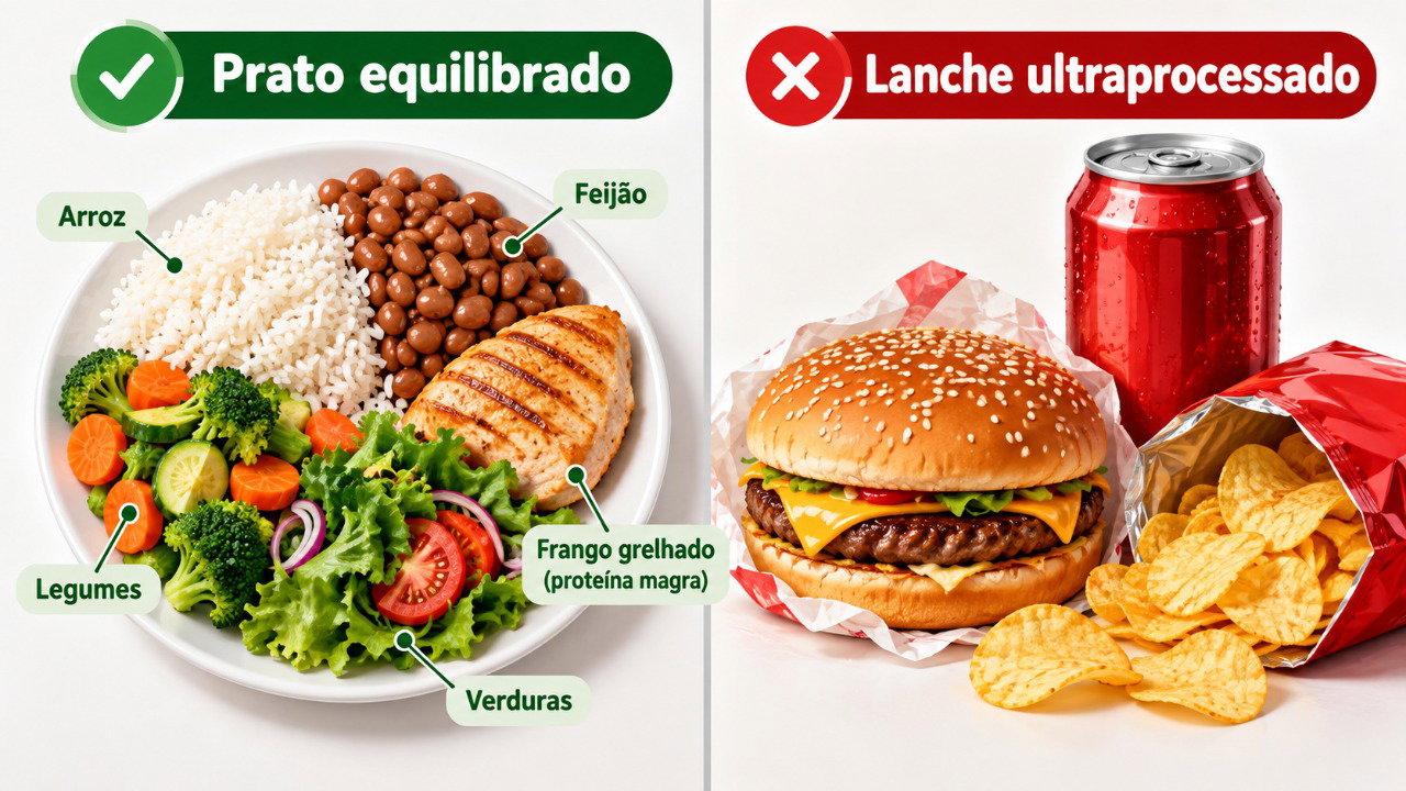 Uma refeição simples com alimentos variados oferece mais diversidade nutricional do que depender de produtos ultraprocessados.