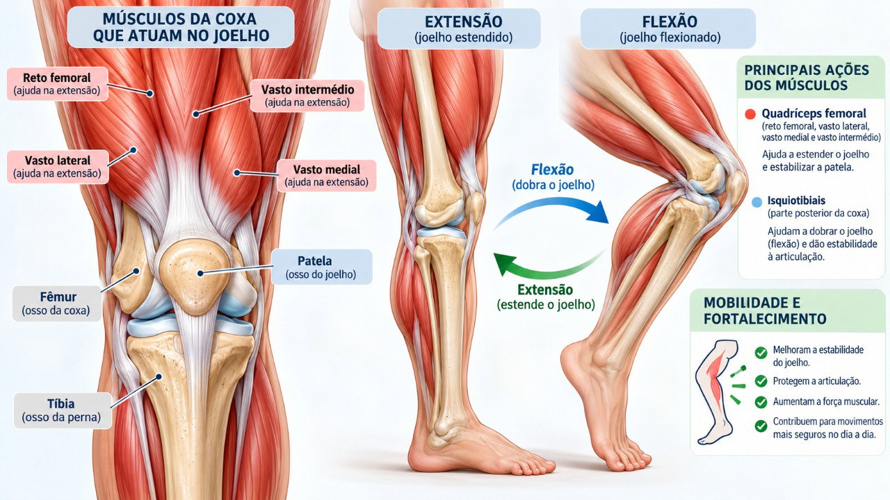Movimentos leves e fortalecimento ajudam a preservar a mobilidade e o suporte muscular do joelho.