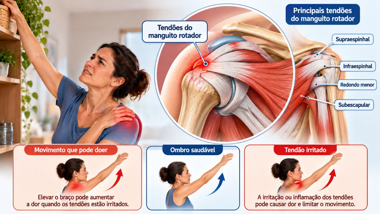 Os tendões do manguito rotador ajudam a elevar e estabilizar o braço e podem causar dor quando estão irritados ou lesionados.