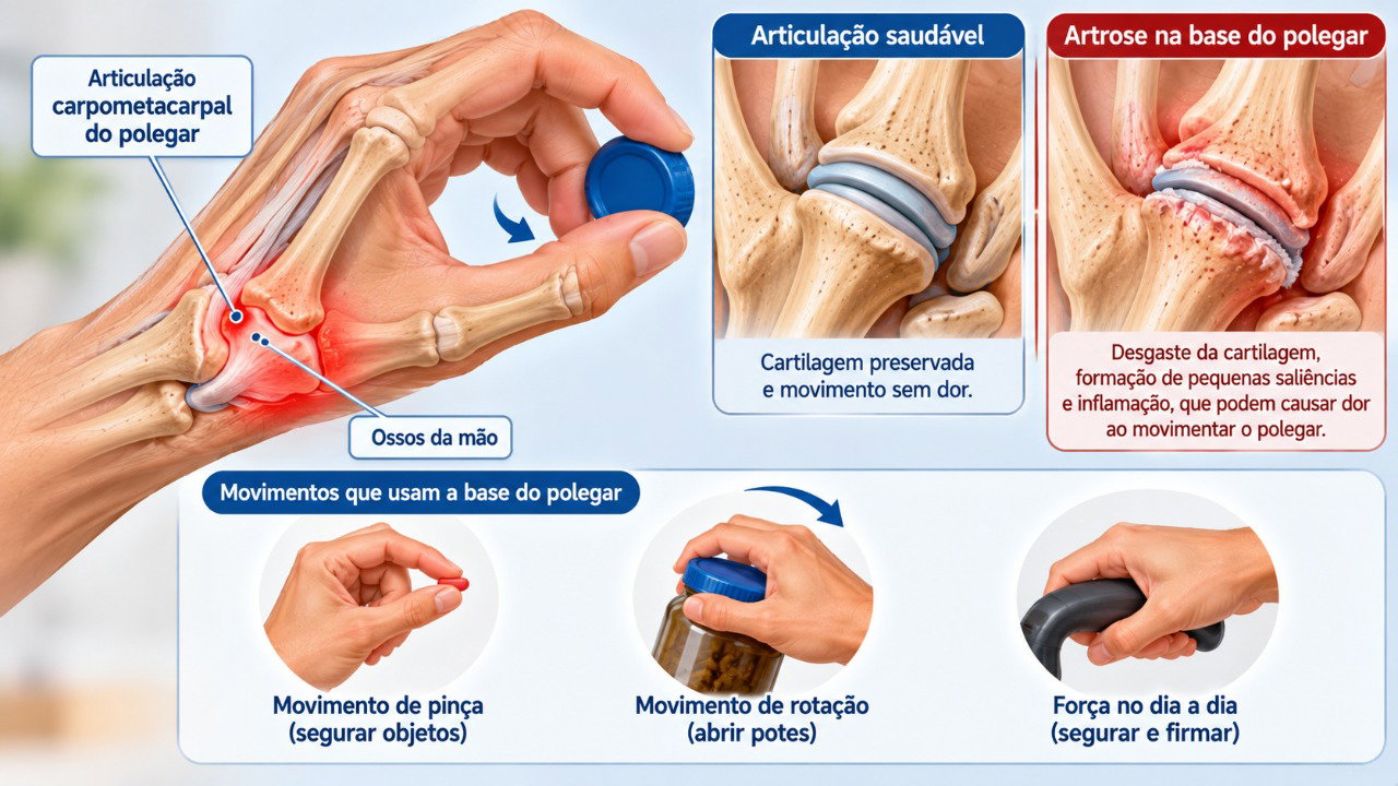 A artrose na base do polegar pode causar dor, rigidez e redução da força em movimentos de pinça e rotação.