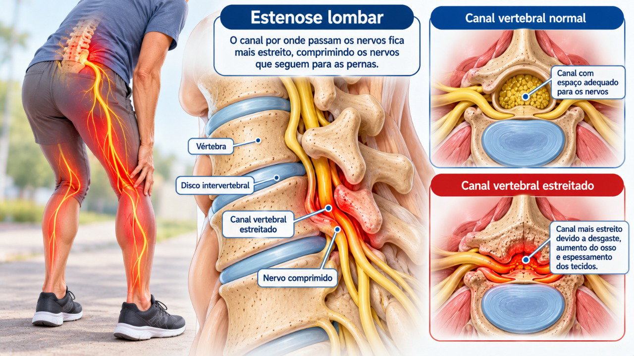 Na estenose lombar, o estreitamento ao redor dos nervos pode causar dor, formigamento ou fraqueza nas pernas ao caminhar.