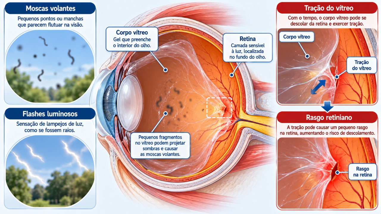 A tração do vítreo sobre a retina pode provocar rasgos e causar novas moscas volantes e flashes.