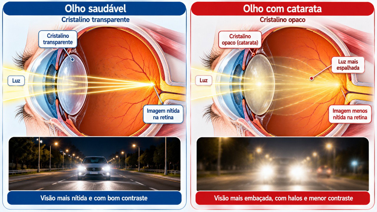 Na catarata, o cristalino fica progressivamente opaco e passa a espalhar a luz dentro do olho.