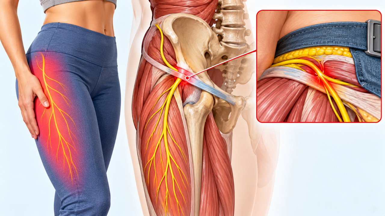 Na meralgia parestésica, o nervo cutâneo femoral lateral pode ser comprimido e causar alterações de sensibilidade na coxa.