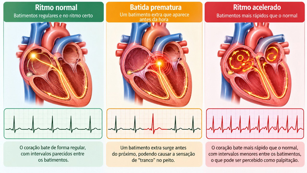 Mudanças no ritmo dos batimentos podem causar sensação de coração acelerado, irregular ou de uma batida mais forte.